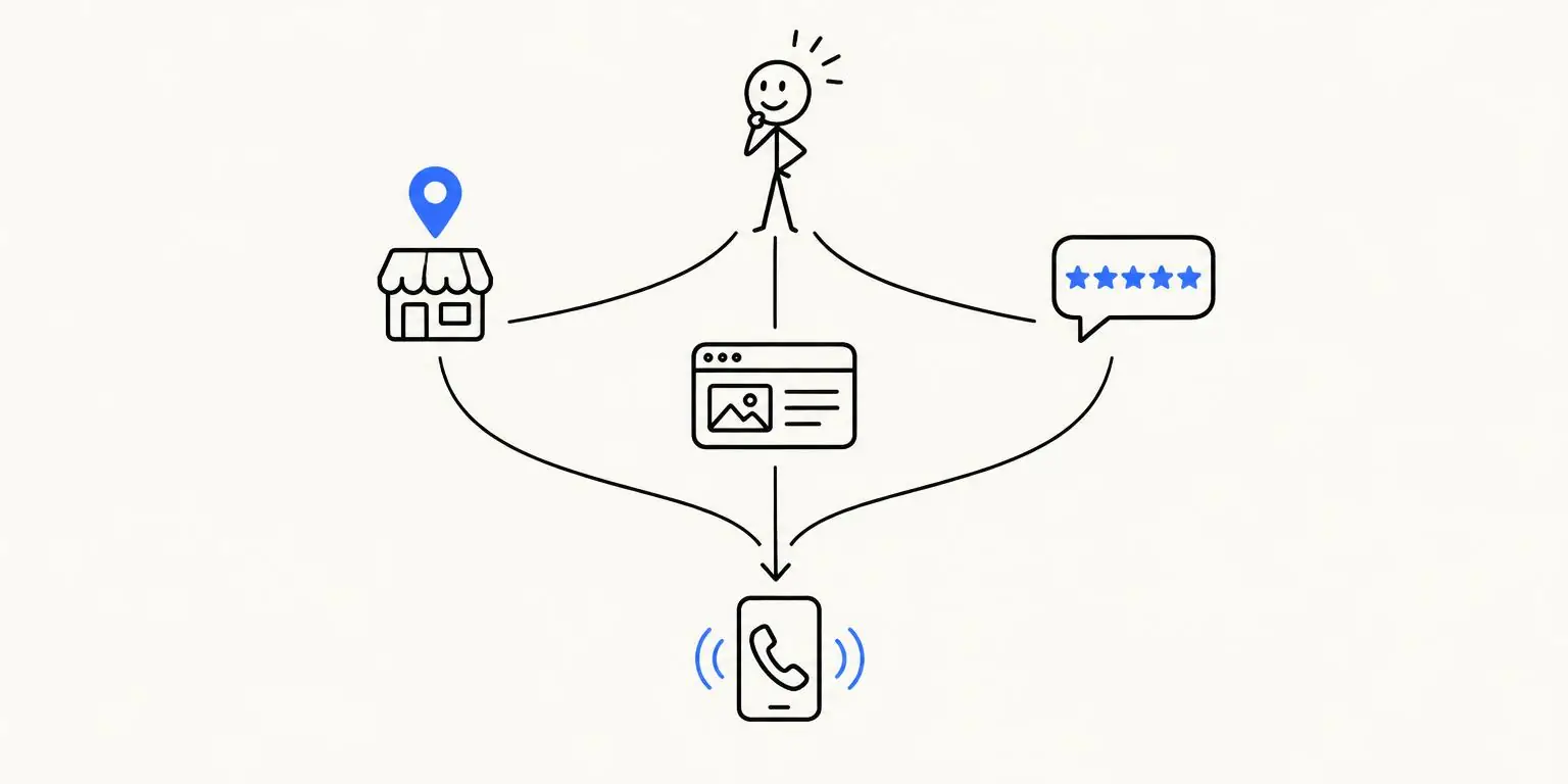 Pessoa-palito escolhendo entre três caminhos, Perfil da Empresa no Google, site e avaliações, que terminam em um telefone tocando