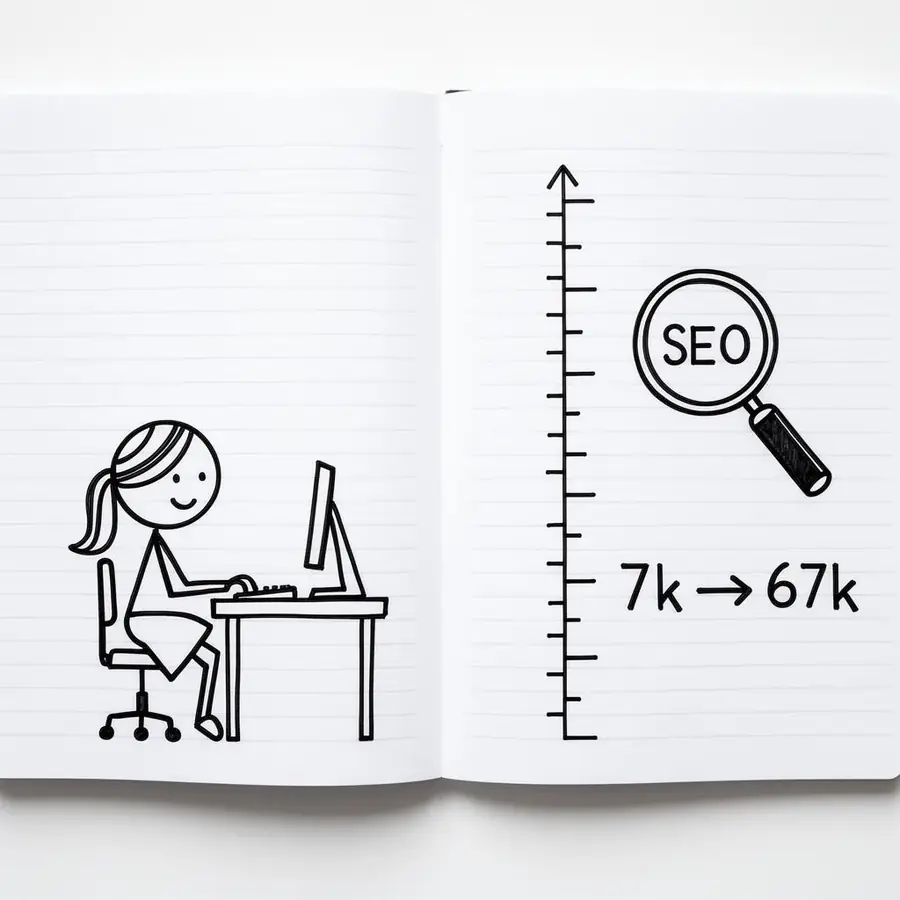 Caderno aberto com desenho de palitinho de Thays Ladler no computador e um gráfico mostrando a evolução de 7 mil para 67 mil visitas orgânicas