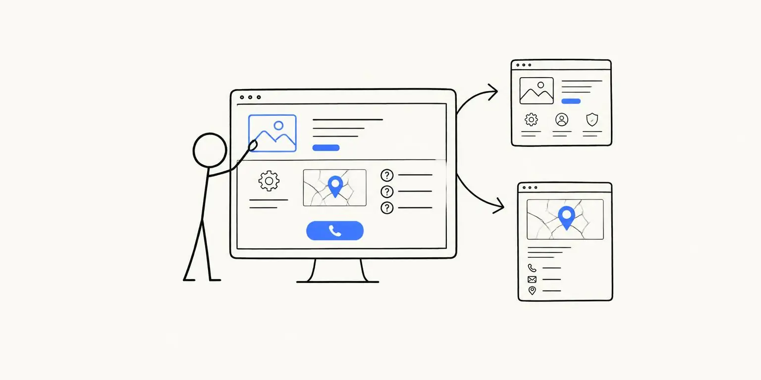 Pessoa-palito montando uma página de serviço com mapa, perguntas frequentes e botão de ligar, ligada a outras duas páginas do site