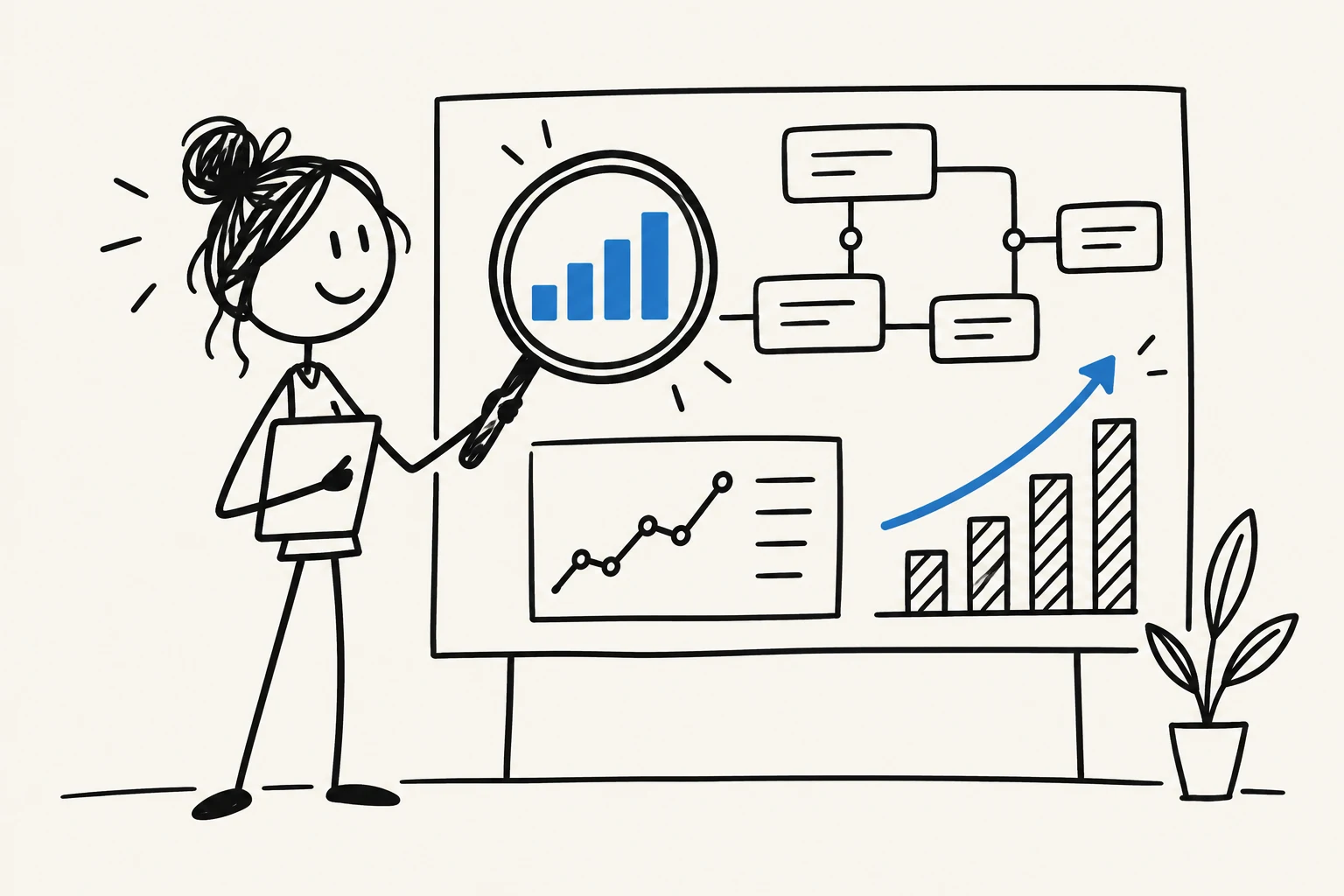 Ilustração de uma análise de SEO com gráficos e organização de páginas