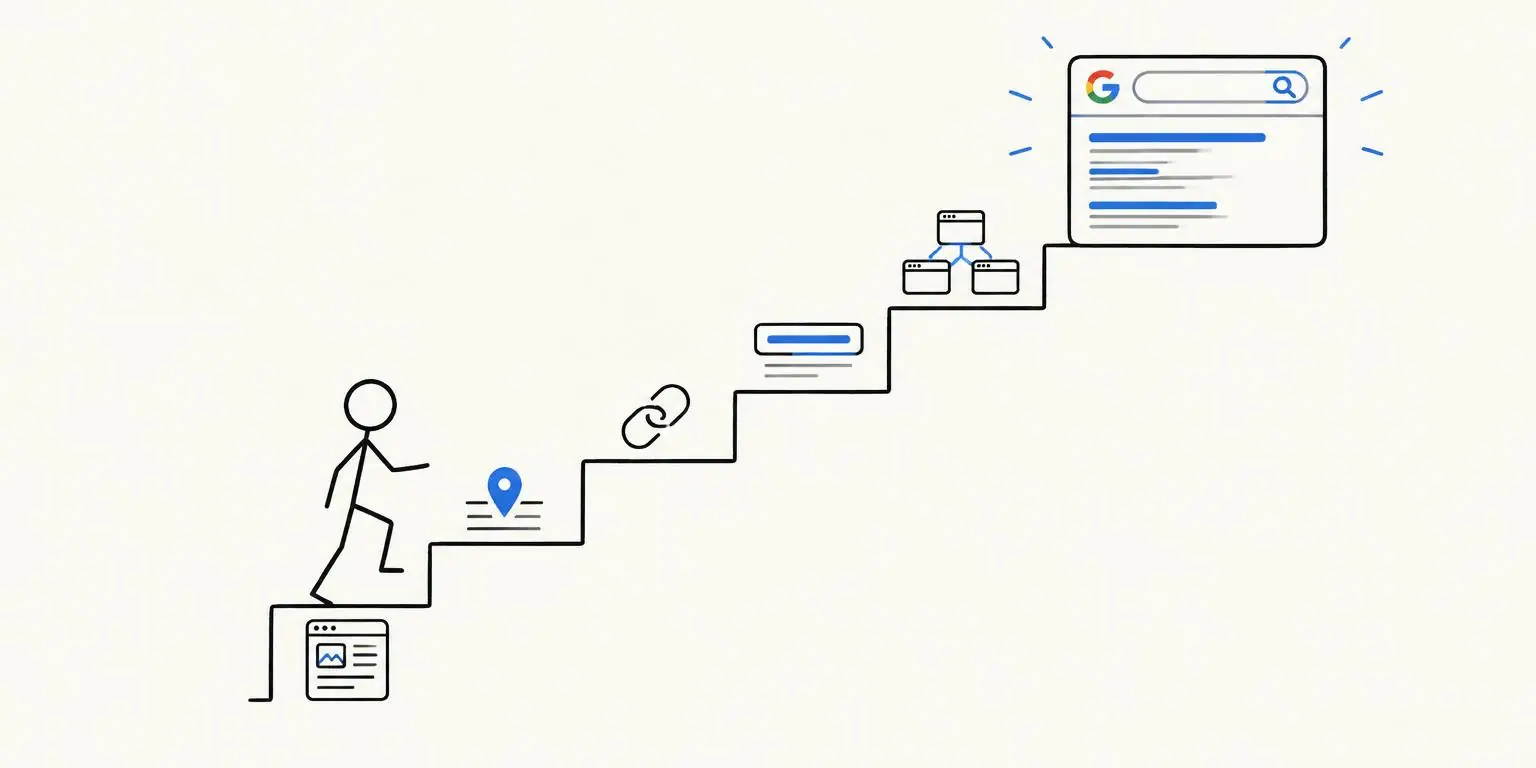 Pessoa-palito subindo uma escada de cinco degraus até a página de resultados do Google, cada degrau com um fator orgânico local