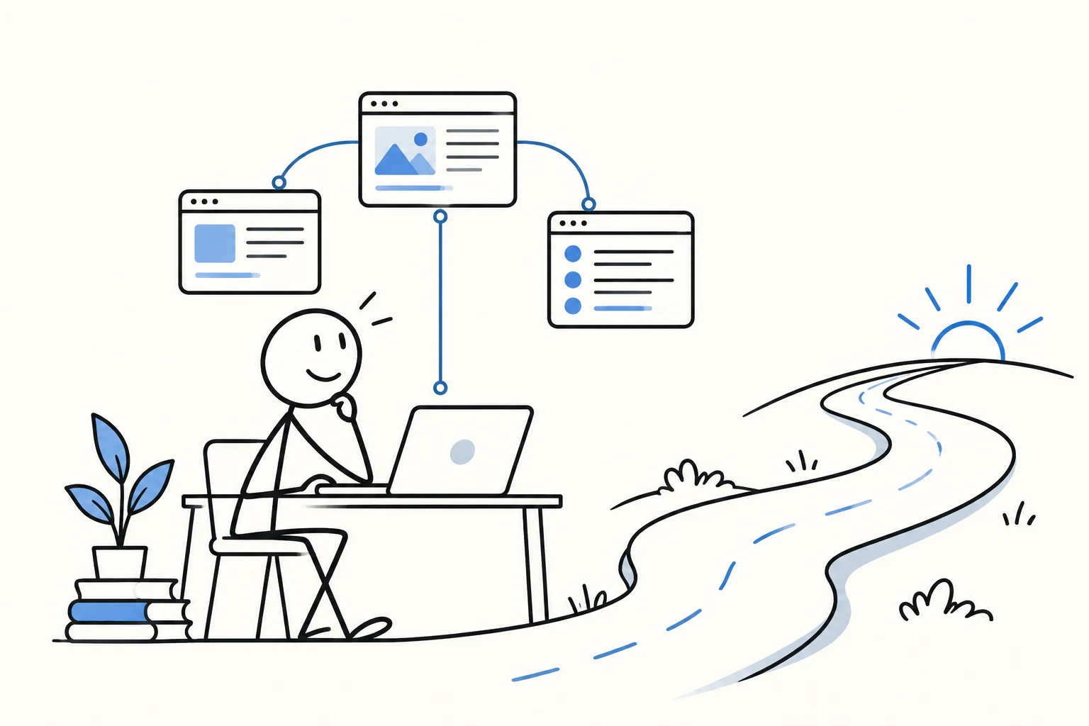 Pessoa estudando SEO com páginas conectadas e um caminho de aprendizado