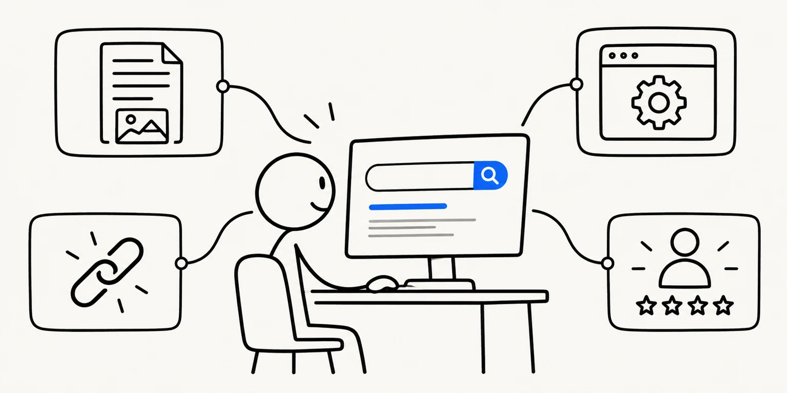Pessoa pesquisando e conectando conteúdo, técnica, links e reputação