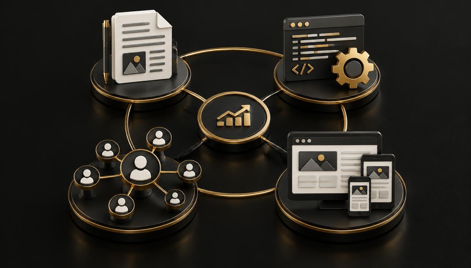Ilustração dos pilares de conteúdo, SEO técnico, autoridade e experiência